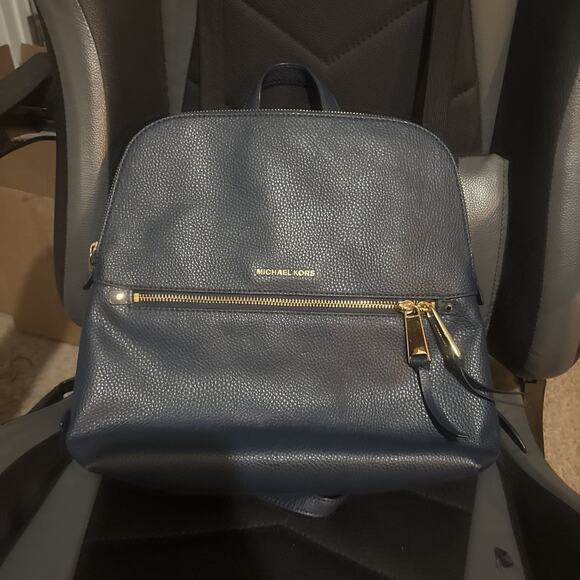 Michael Kors Rhea Medium Pebbled Leather Backpack - Navy Blue with Gold-Tone Har - Picture 1 of 9